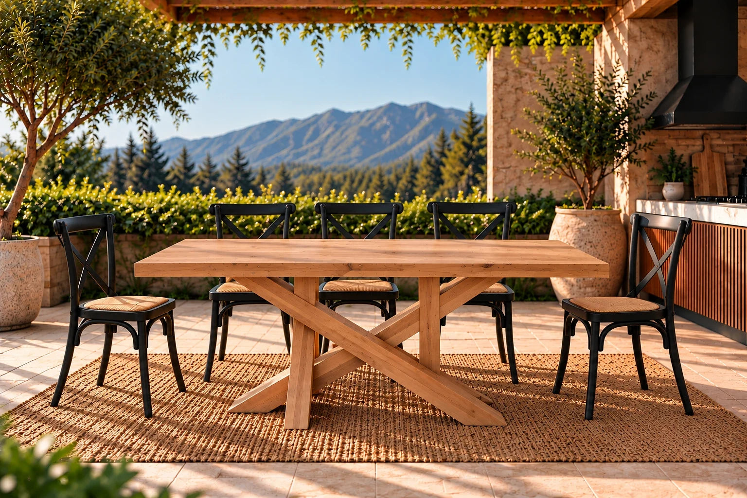 Comedor de terraza Da Vinci en lenga natural con 8 sillas Cruzeta negras – imagen referencial